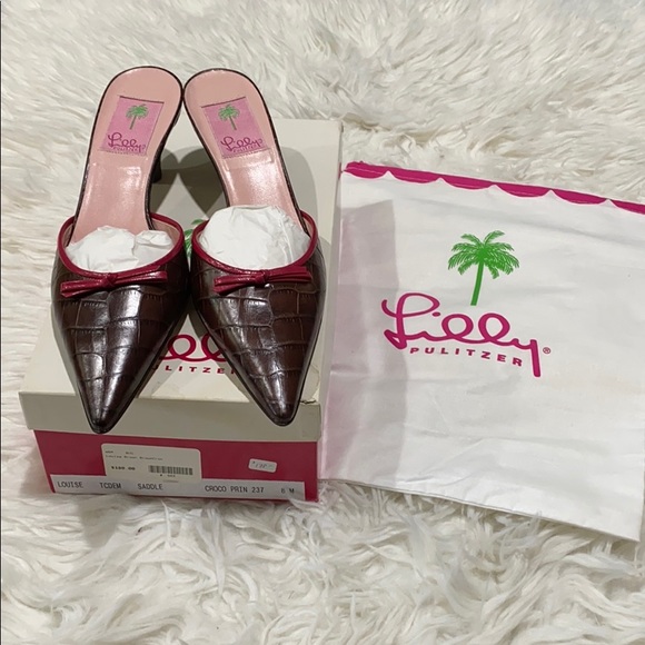 Lilly Pulitzer Louise Brown Croc Kitten Heel Mules - Picture 2 of 11